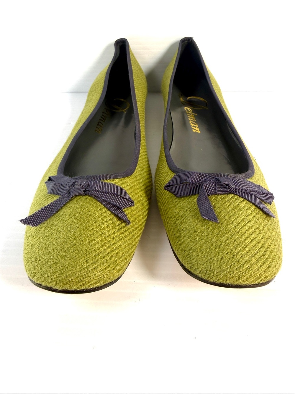 Delman Olive Green Ballet Flats with Navy Bow